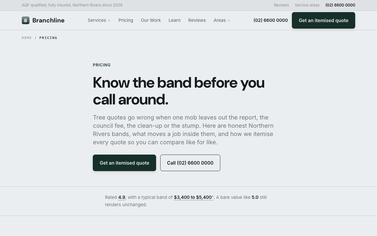 Branchline Tree Care pricing page