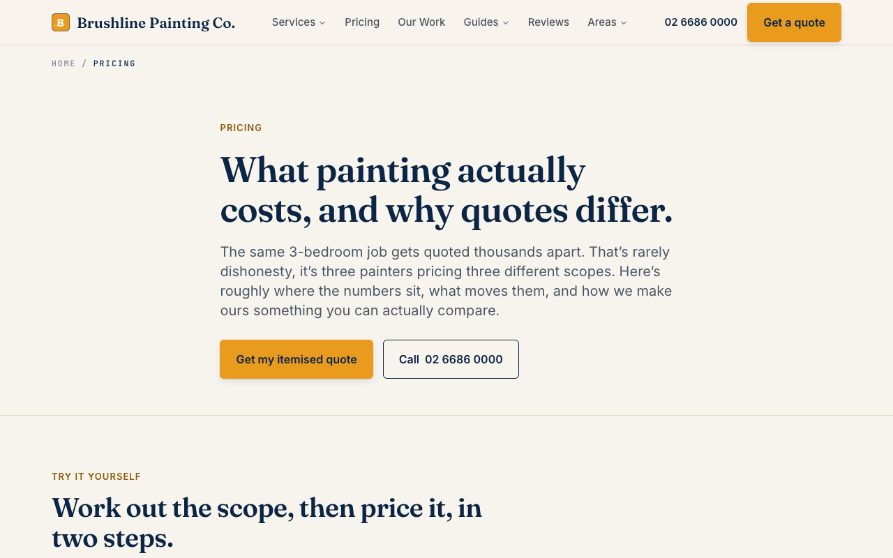 Brushline Painting Co. pricing page