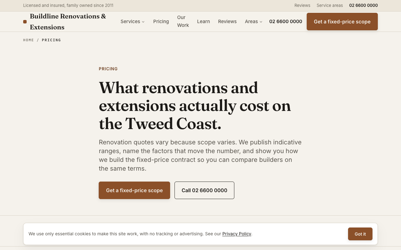 Buildline Renovations & Extensions pricing page