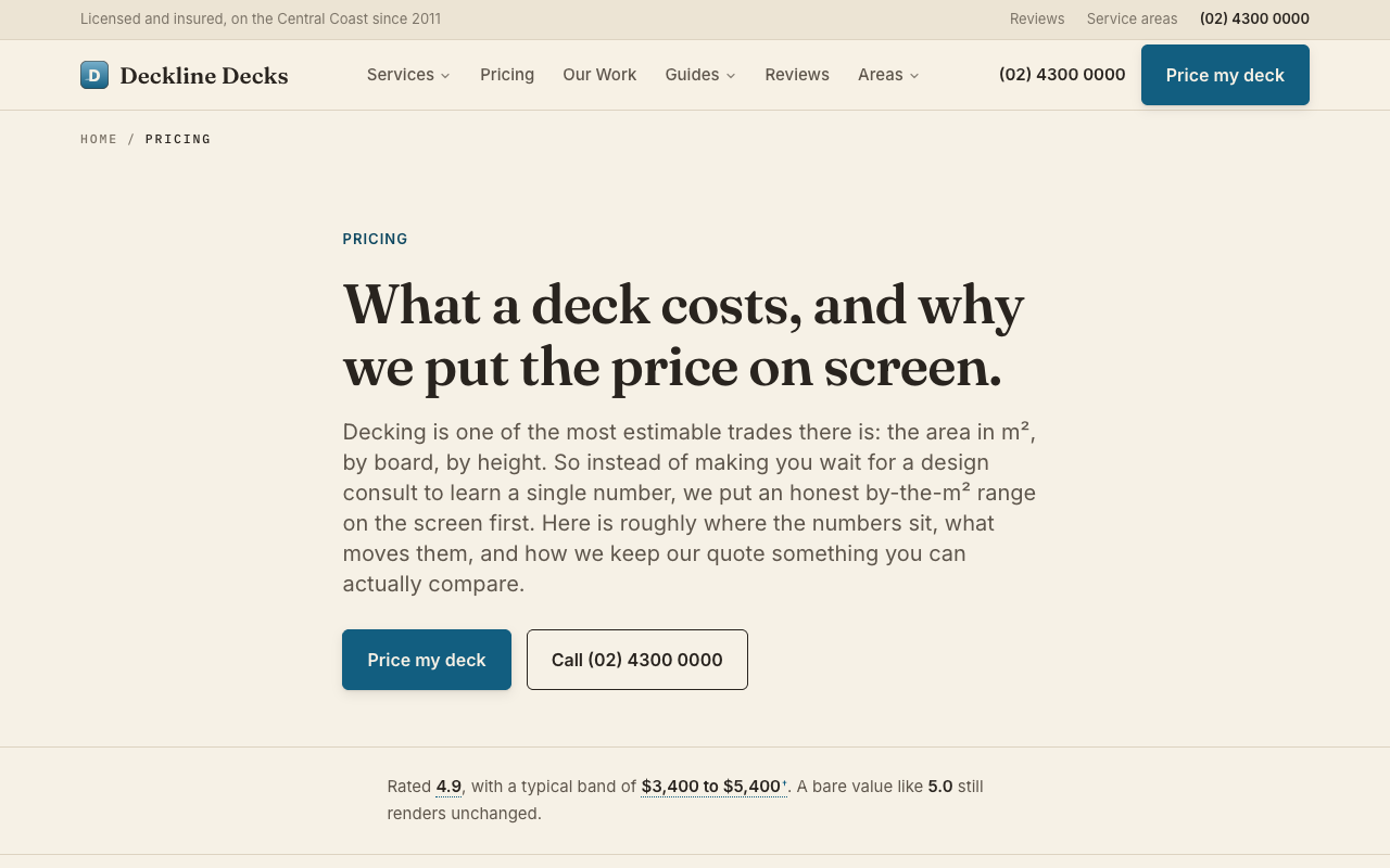 Deckline Decks pricing page