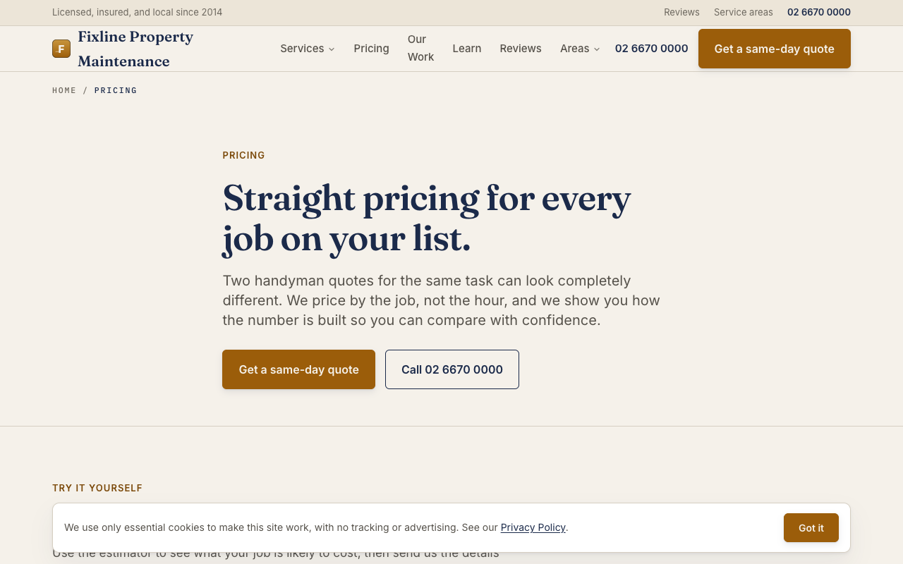 Fixline Property Maintenance pricing page
