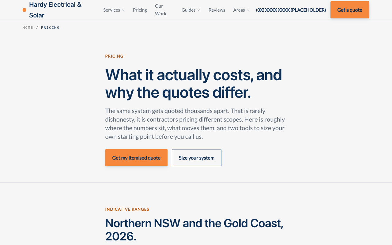 Hardy Electrical & Solar pricing page