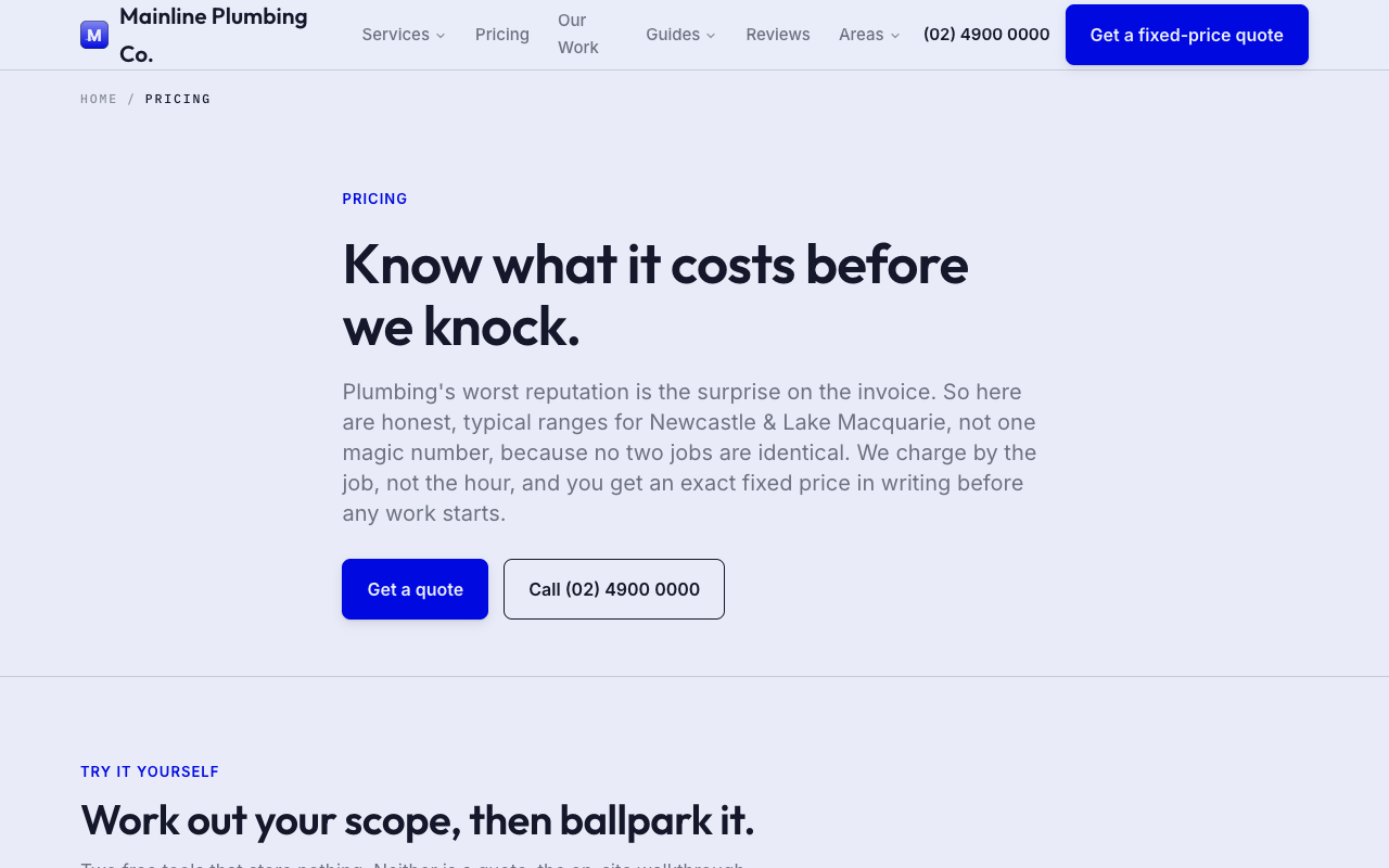 Mainline Plumbing Co. pricing page
