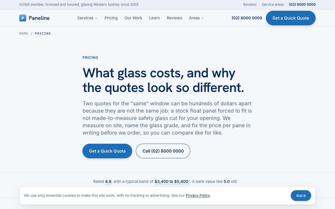 Paneline Glass & Glazing pricing page