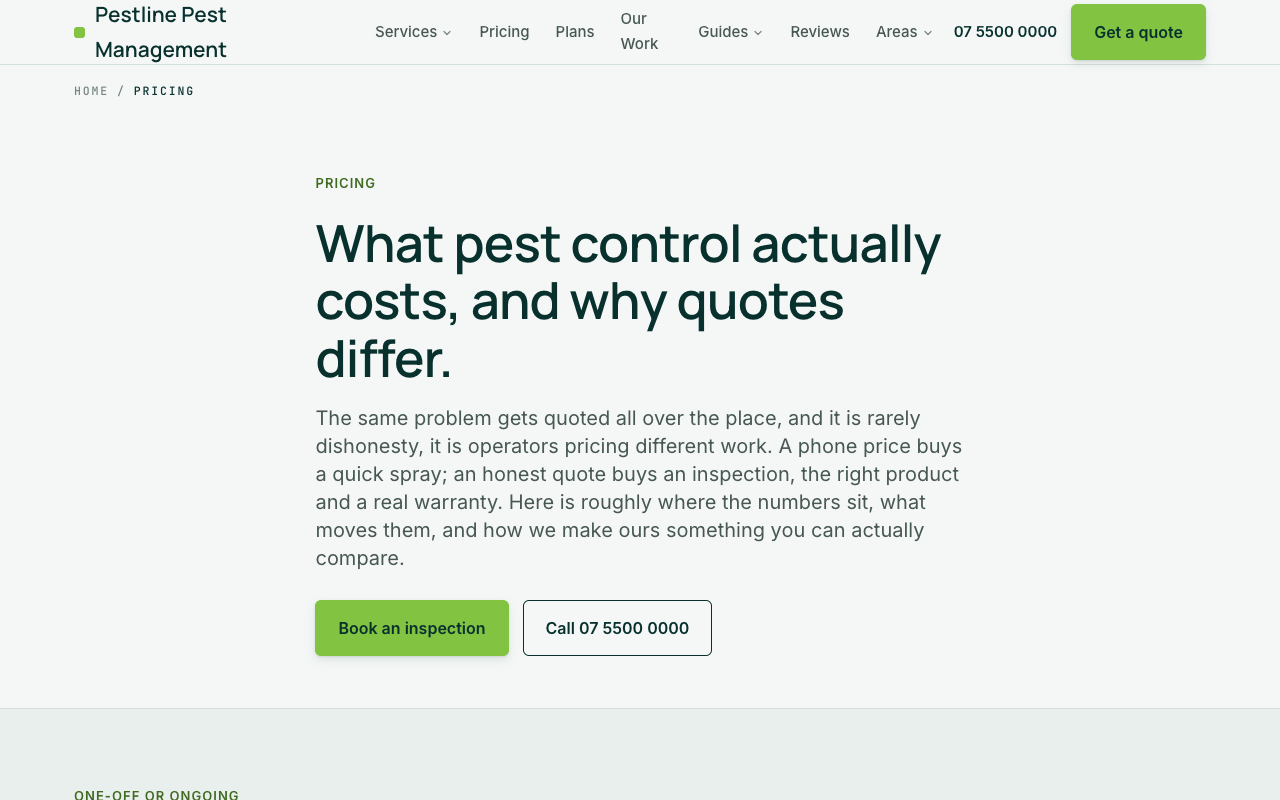 Pestline Pest Management pricing page