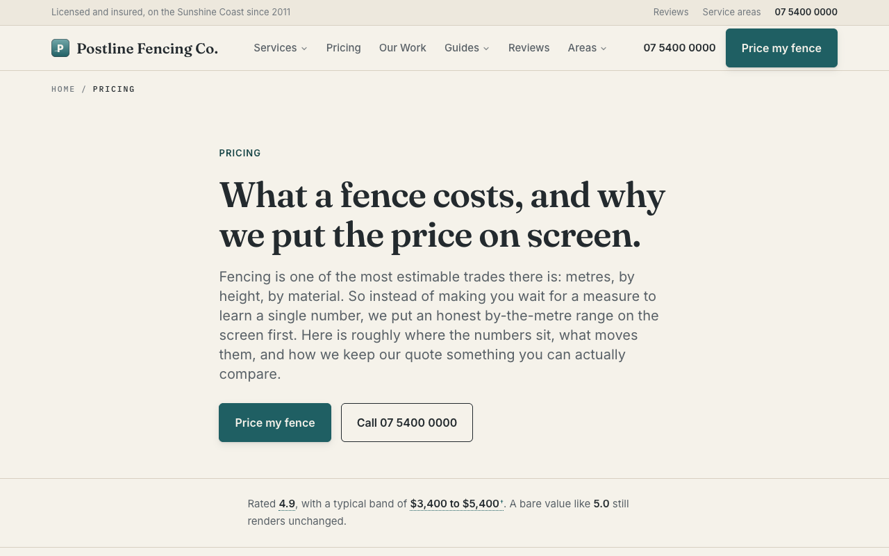 Postline Fencing Co. pricing page