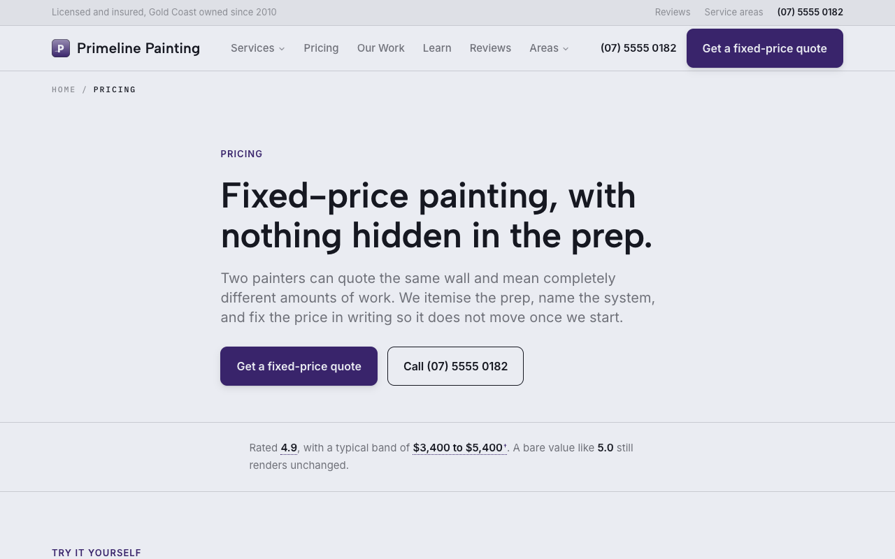 Primeline Painting pricing page
