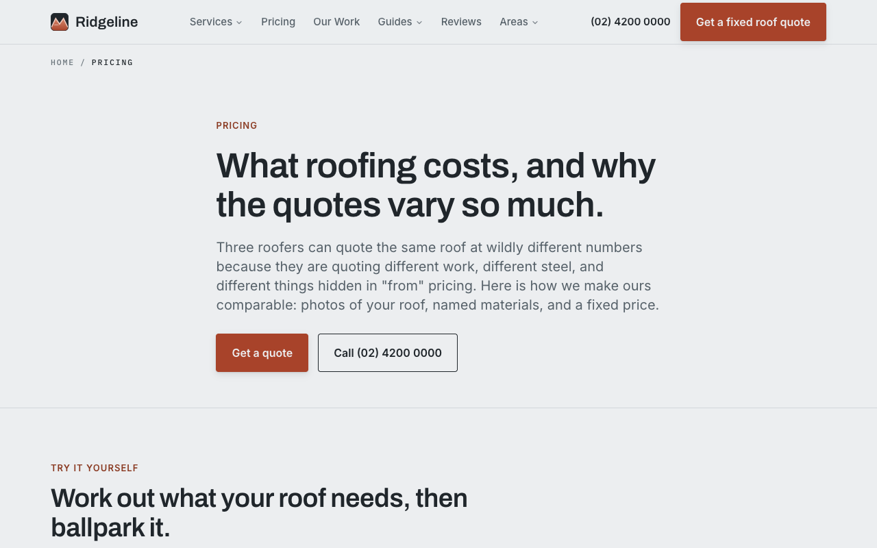 Ridgeline Roofing Co. pricing page