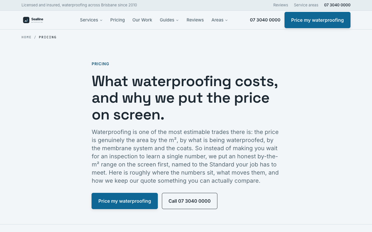 Sealline Waterproofing pricing page