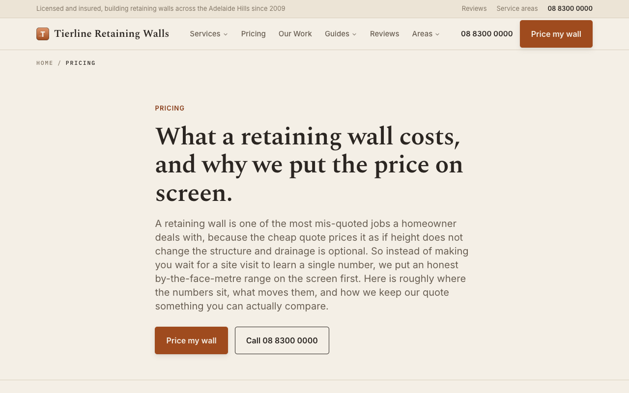 Tierline Retaining Walls pricing page