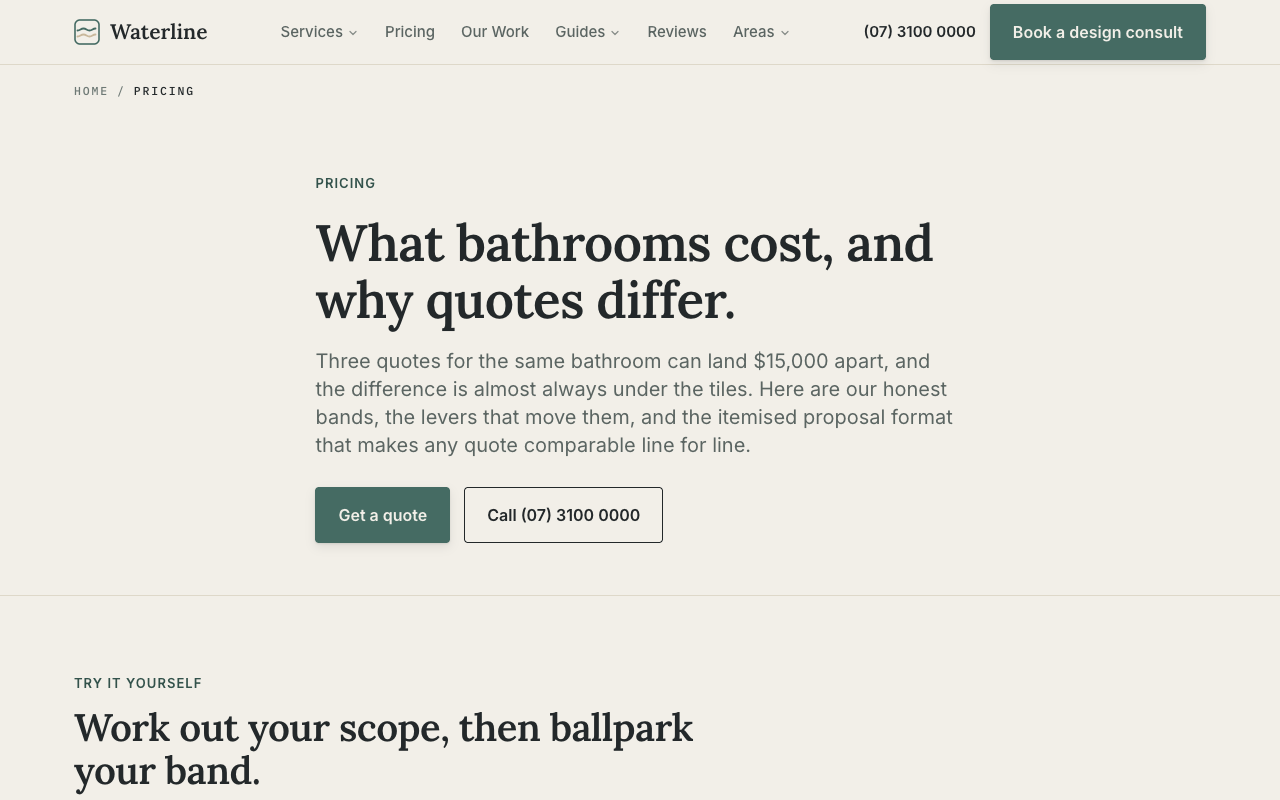 Waterline Bathrooms & Renovations pricing page
